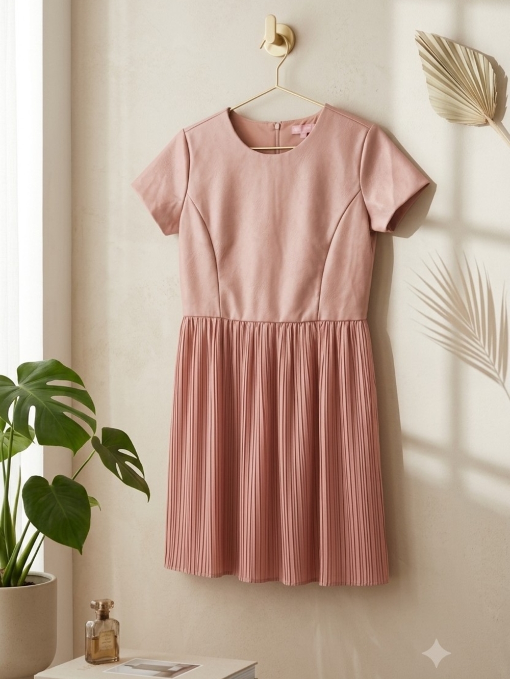 BCBGirls Pleated Short-Sleeve Dress in Dusty Rose